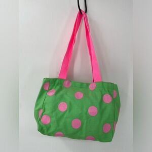 New Humor Small Canvas Bag Pink Dots on Green Background Long‎ Handles Closes